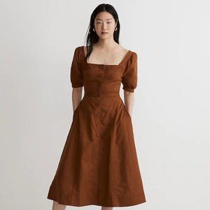Seamed Puff-Sleeve Midi Dress